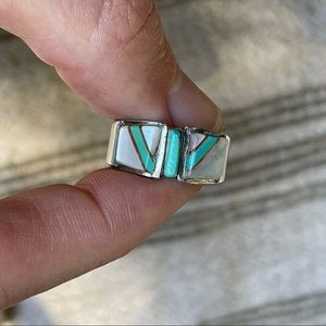 Teme Sunburst Handcrafts Sterling Silver Mop Turquoise Inlaid Southwestern Ring